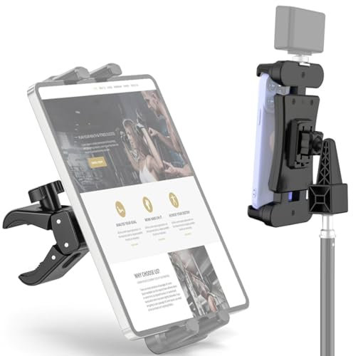 Tentucro 3-in-1 Tablet Holder Mount with Cold Shoe for Exercise Spin Bike, Live-Stream Tripod, Treadmill, Music/Microphone Stand, Fits for iPad Pro 12.9, Air, Mini, iPhone, Galaxy Tabs (4.7-13)