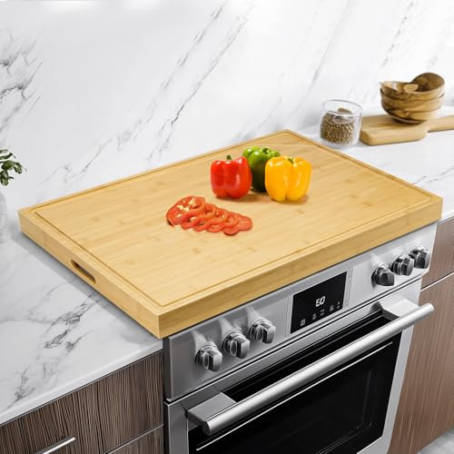 Bamboo Cutting Board Stove Cover with Handles(75x55.3x5cm), Reversible Serving Tray, Wooden Noodle Board Kitchen Sink Cover for Extra Counter Space, Gas Hob Protector for Gas/Electric Stove Burners