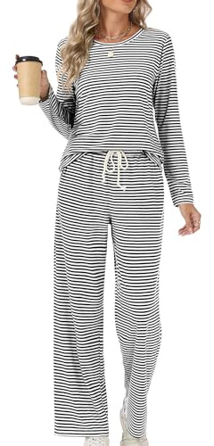 Rapbin Schlafanzug Damen Lang Pyjama Set Nachtwäsche Loungewear mit Taschen | Zweiteiliger Schlafanzüge für Damen Nachtwäsche Langarm Oberteile und Schlafhose mit Taschen Loungewear für Herbst Winter