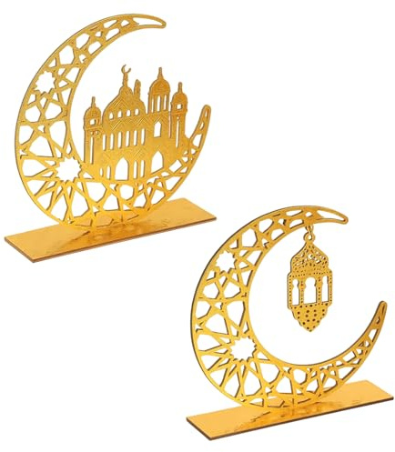 ZYLOUY 2 Stück Umrah Mubarak Deko, 20cm Holz Ramadan Deko Tisch, Goldene Mond Hohle Stern Holzdekorationen Für Ramadan Und Bayram, Tischdeko für Ramadan, Eid Und Umrah-Feiern