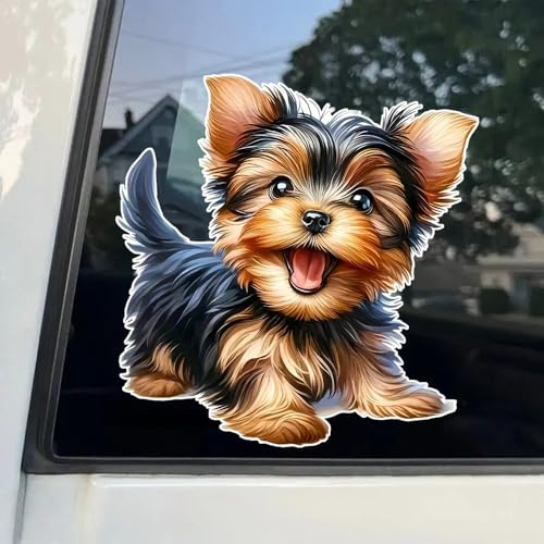 2 Stück 12,5 x 13 cm große, niedliche Yorkshire-Terrier-Welpen-Vinyl-Autoaufkleber, wasserfest, dekorativ, geeignet für Autos, Laptops, Motorräder, LKWs, Fensterscheiben | #DZ190