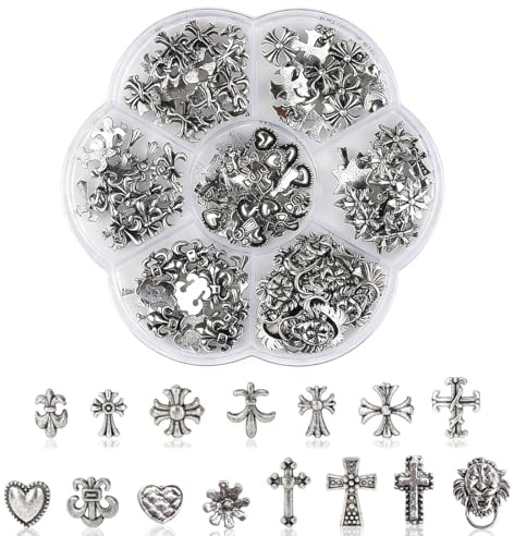 LAKPYN 75 Stück 3D-Nagel-Charms, Kreuz, Nail Art Zubehör, Silberner Nail Charms mit Gothic-Retro-Punk-Herzen und Totenköpfen, Maniküre