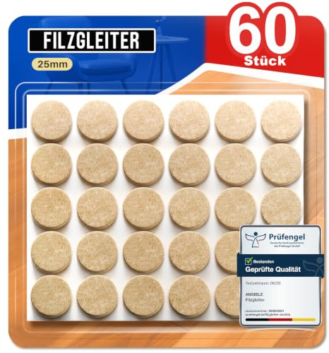 Ansible Filzgleiter Selbstklebend, Möbelgleiter, 60 Stück Ø25 mm | Filz für Stühle & Möbel, Stuhlbeinschoner, Kratzschutz & Geräuschdämpfend, Rund Beige