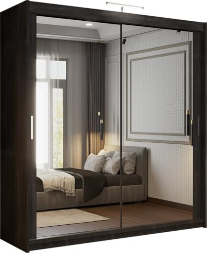 SLIDING WARDROBE 4U Double Mirrored Sliding Door Wardrobe with LED Light, Freestanding Bedroom Wardrobe, Customizable Interior, 90/100/120/150/180/203/250cm, MDF Chipboard (Wenge, 120cm)