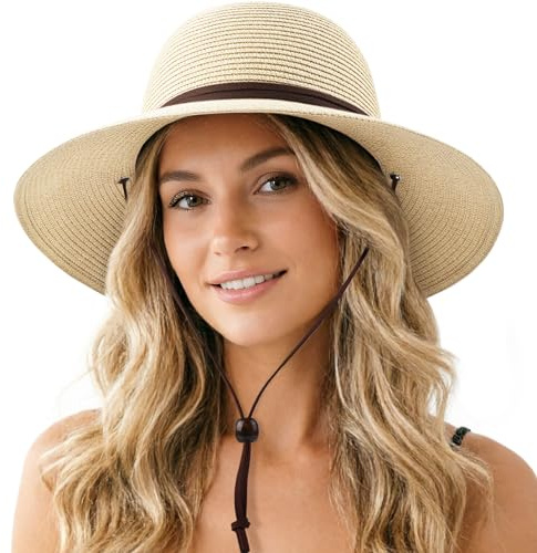 DRESHOW Women Straw Panama Hat Fedora Adjustable Summer Wide Brim Beach Sun Hat with Wind Lanyard UPF 50+