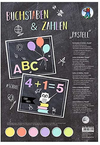 Ursus 7890099 - Buchstaben und Zahlen, pastell, aus Fotokarton 300 g/qm, 12 Blatt in 6 verschiedenen Farben, ca. 23 x 33 cm, vorgestanzt, 342 Buchstaben, 186 Zahlen, 84 Sonderzeichen, Motiv ca. 3 cm