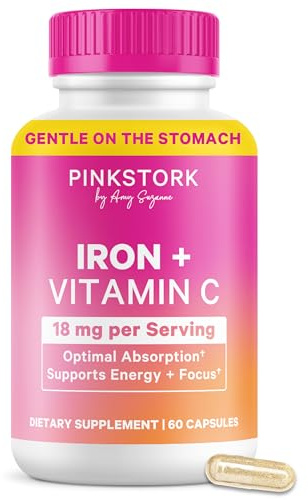 Pink Stork Iron for Women, 18 mg Non-Constipating Iron Bisglycinate + Vitamin C for Optimal Absorption, Energy, Focus & Oxygen Support, PMS, Pregnancy, Postpartum & Perimenopause, 60 Capsules