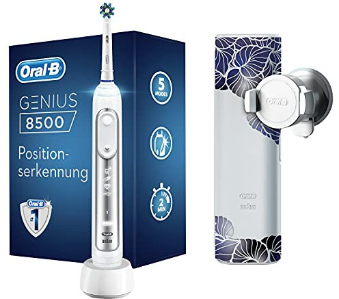 Oral-B Genius 8500n, Brosse à Dents Électrique Rechargeable, Souple pour Voyage, Manche Connecté Bluetooth, Détecteur de Position, 1 Brossette et 1 Étui de Voyage Premium Offert, Argenté
