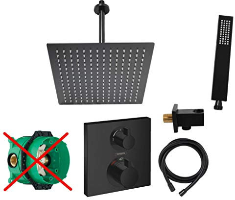 vanvilla Duschsystem mit Unterputz Thermostat Duscharmatur von Hansgrohe OHNE iBox mit vanvilla Regendusche mit Armatur mit Thermostat, Duschkopf eckig schwarz matt beschichtet SET HGS04-ob