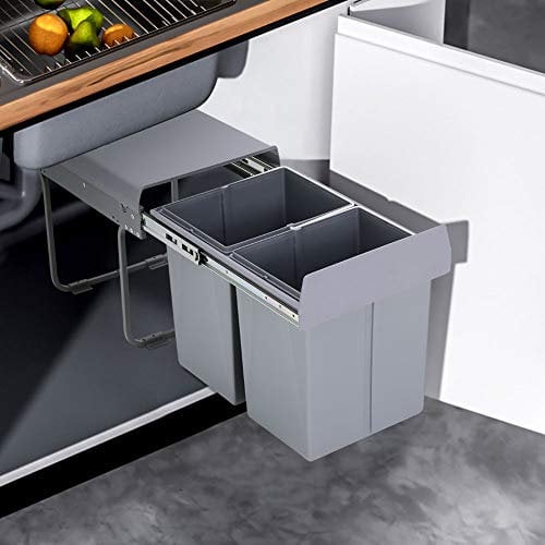 Warmiehomy Pull Out Kitchen Waste Bin, Built-In, Recycle & Multi Waste Container, with Front-Fixing Brackets - Grey, H430xD340xW490mm, 40L(2x20L)
