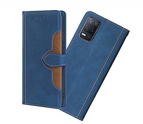 GOKEN Leder Folio Hülle für Realme 8 5G / Realme Narzo 30 5G, Flip TPU Liner PU Lederhülle Brieftasche Mit Kartensteckplätzen, Handyhülle Schutzhülle Case Cover mit Ständer Funktion (Blau)