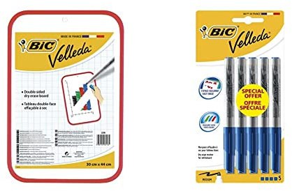 BIC Velleda Tableau Double Face Effaçable à Sec (30 x 44 cm) - Rouge, Lot de 1 & 1741 Feutres pour Tableau Blanc Effaçables à Sec, Pointe Conique Moyenne - Bleu, Blister Format Spécial de 5