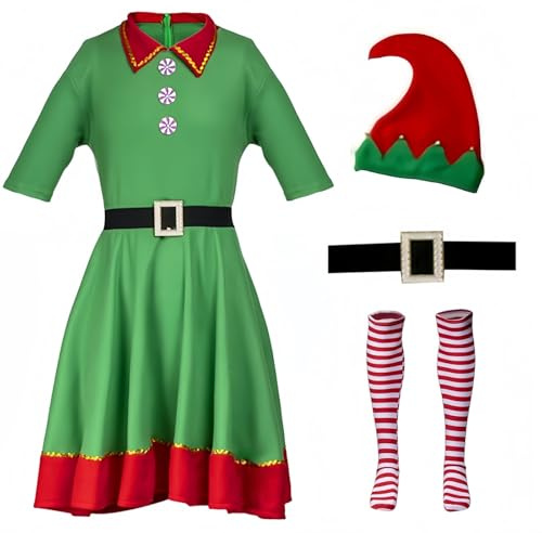 Festliche Elfenkostüm Weihnachten Karneval Cosplay FürDamen Erwachsene | Komplettes Set mit Glocken Elfenmütze, Gürtel, Socken oder Überschuhe, warmer gebürsteter Flanell Stoff für Festaktivitäten