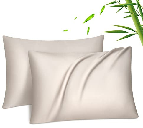 Fittia 2er-Set Lyocell Bambus Kissenbezug Bambusfaser Kopfkissenbezug Kissenhülle Seidig weichkühlend atmungsaktiv mit verdecktem Reißverschluss, Beige, 40x80cm