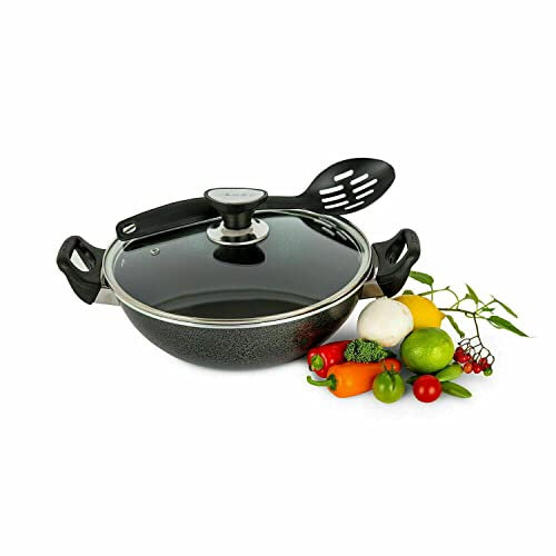 Schofield and Bloom Sonex Non Stick Double Handle Wok Glass Lid Deep Cooking Karahi Pot Pan Cookware Spoon | NonStick Shallow Cast Iron Pan (30cm)