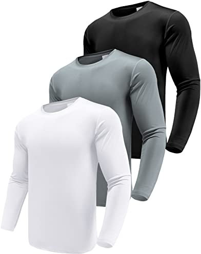 Herren 3er Pack Langarmshirt T-Shirts, UPF 50+ UV Schnelltrocknend Funktionsshirt Laufshirts, Atmungsaktiv Langarm Sportshirt Gym Outdoor Workout Fitness Oberteil Black/White/Grey-3P01-XL
