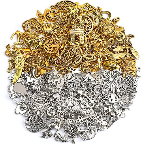 SANNIX 200 Stück große Charms zur Schmuckherstellung, tibetisches Antik-Silber, Gold, Charm-Anhänger für DIY-Armbänder, Halsketten, Kunsthandwerk