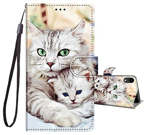 JRIANY Handyhülle für iPhone XR Hülle, Stoßfeste Lederhülle mit Muster Motiv [Standfunktion] [Kartenfächer] PU Leder Tasche Klapphülle Schutzhülle Kompatibel mit Apple iPhone XR, Katze D