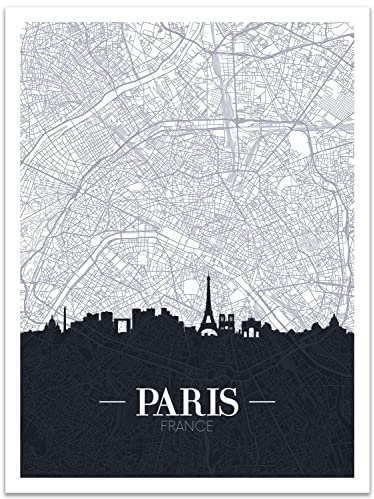 wandmotiv24 Poster als Wanddeko, Größe 80x60cm, Straßen Karte Paris, Frankreich, Hauptstadt, Reisen, Moderne Wanddeko, Wandbilder, Deko, Bild M0136