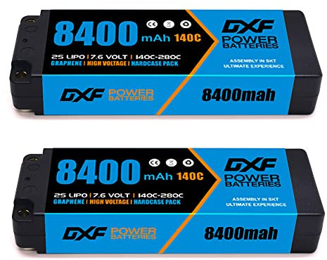 DXF Batterie lipo 2s Haute Performance pour Voitures rc - 2 Paquets, 8400mah, 140c, 7.6v 5mm - lipo 2s Compatible avec emaxx, Bandit, rustler, losi, axial, Tamiya, et Plus