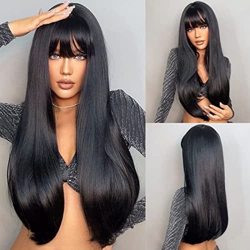 HAIRCUBE Lange Gerade mit Pony Perücken für Frauen Natur Hitzebeständige Kunstfaserperücken mit Pony Täglich Cosplay (schwarze)