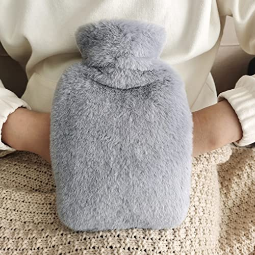 FIOUSY Hot Water Bottle with Hand Pockets Fluffy Cover, 2L Large Capacity, Comfortable, Safe and Durable, Hot Water Bag for Pain Relief, Cold Nights, Gifts for Women Children Elder (Grey)
