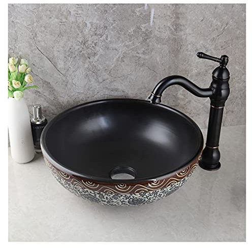 LUCBEI Fregadero de baño Baño Negro Lavabo Lavabo cerámica por Encima de Contador vanidad de Porcelana encimera Fregadero Arte Cuenca y Grifo Combo Vanidad de Lavabo