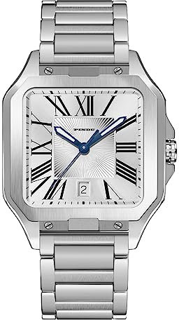 PINDU Automatikuhren für Herren, Tankuhr, Business-Uhr, quadratisch, mechanische Uhr, Herrenuhren, einfach und leicht zu lesen, Silbernes Gehäuse, Edelstahlarmband, Mechanisch