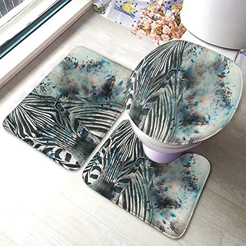 Set 3 Teilig Badvorleger Zebra Abstrakte Malerei Aquarell Schwarzweiss Tierische Afrikanische Grafik rutschfeste Fußmatte Set Langlebige Dekorative Badezimmer Set, Für Wohnzimmer, Wc-Sitz Bezug