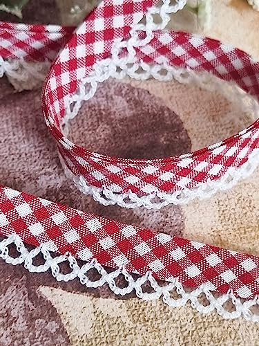 Designer Popeline Schrägband Kariert, Gepunktet Mit Spitze Baumwolle OEKO-TEX Made in Holland (Kariert Rot)