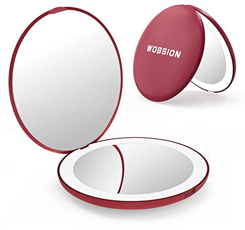 wobsion LED Spiegel mit 1X / 10X Vergrößerung,Kleiner Reisespiegel mit Licht für Beleuchtung,Batteriebetrieben Taschenspiegel für Reise und Makeup,Tragbarer Handspiegel als Geschenk,Rot