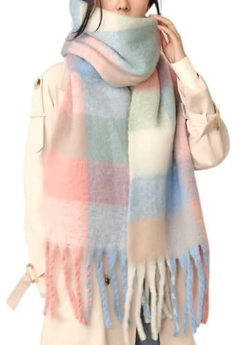 MININAI Chunky Winter Schals für Frauen Kaltes Wetter Warm Strick Dicker Plaid Schal Lange Große Übergroße Karierte Schals, pastellfarben, Einheitsgröße