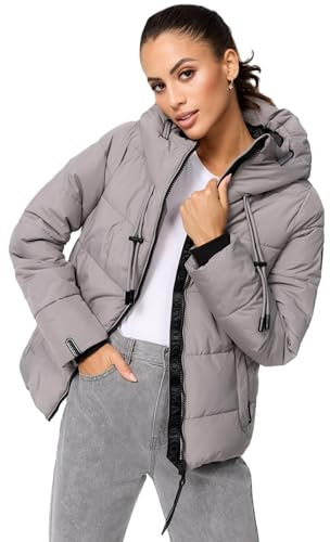 MARIKOO Damen Winterjacke Steppjacke Winter Jacke gesteppt warm mit Kapuze B977 [B977-Shimo-Grau-Gr.M]