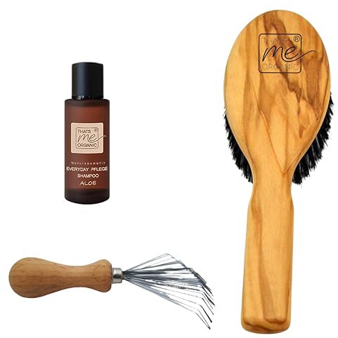 Thats me organic Spar Set Profi Haarbürste Die Mediterrane + Bürstenreiniger + 20 ml Pflege-Shampoo – Sleek Bun Bürste aus Wildschweinborsten, Haarbürstenreiniger und mildes Shampoo