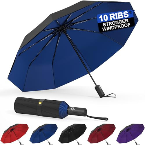 BALORIZ Winddichter doppellagiger Regenschirm, kompakter Reise-Faltschirm, automatisches Öffnen und Schließen, tragbar, wind- und regenbeständig, mit 10 Rippen, für Herren, Damen, Kinder (blau), blau,