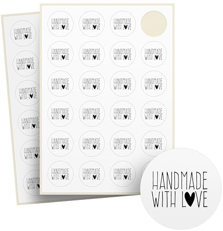 Aufkleber Handmade with Love – 48 Stück auf Bogen – Recyclingpapier, rund – Ø 4 cm – als Sticker oder Etiketten für Hochzeit, Weihnachten – handgemacht, Marmeladen, Kerzen - LOVE HERZ
