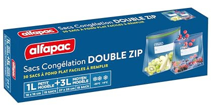alfapac - Sacs Congélation à Fermeture Double Zip Mixte - Hermétiques & Réutilisables - Protecteurs & Conservateurs - 15 x 1L & 15 x 3L