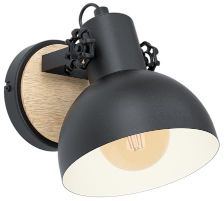 EGLO Wandlampe Lubenham, Vintage Wandleuchte im Industrial Design, Retro Wandspot aus Stahl und Holz, Farbe Schwarz, braun, Fassung E27, FSC zertifiziert