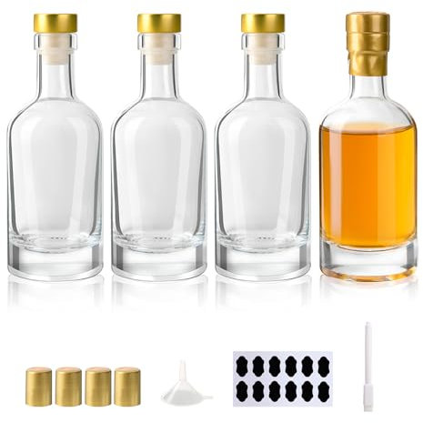 YBCPACK 6oz/200ml Glass Liquor Bottles with T-Top Caps, Heat Shrink Capsules, 4 Pack Empty Wine Bottles for Alcohol, Oil, Clear Vodka Bottle for Party Favors