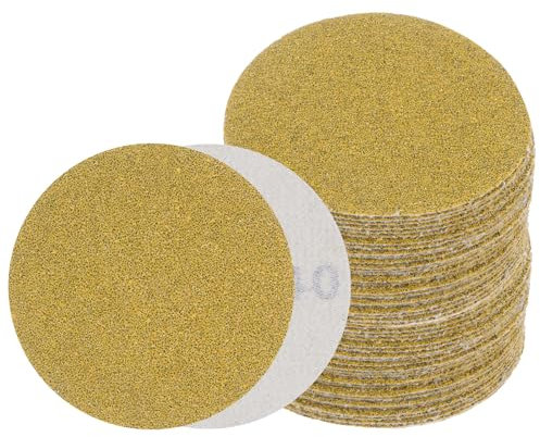 Kozelo 50pcs No Hole Sanding Discs- [ 3 Inch 40 Grit ] Round Hook and Loop Grip Sanding Pads Sheet Sandpaper for Automotive Woodworking Metal Polishing Use| Gold, Aluminum Oxide
