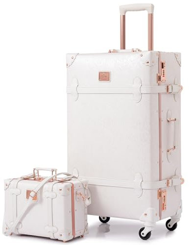Urecity Koffer Vintage mit 4 Rollen Trolley Koffer Reisekoffer Leicht Retro Hartschalen Koffer 2-Teilig mit 12 Zoll Kleines Köfferchen (Rosa Weiß, S(12)+M(20))