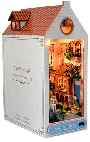 Book Nook Miniatur-Set | Holz-Buchstützen-Set mit LED-Lichtern, Holzkunst-Buchstützen mit Miniatur-Möbeln für Wohnzimmer, Kinderzimmer, Arbeitszimmer, Schlafzimmer