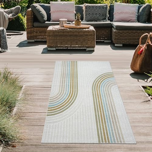 Teppich-Traum Teppich für Flur Wohnzimmer Balkon wetterfest pflegeleicht buntes Linienmuster modern stilvoll Creme bunt 80 x 150 cm