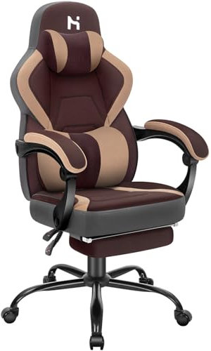 Precision Synergie Gaming Chair with Footrest, Gaming Chair for Adults with Spring Cushion Ergonomic PC Chair with Headrest and Lumbar Support, 400lbs Capacity for Gamer or Office, Coffee & Brown