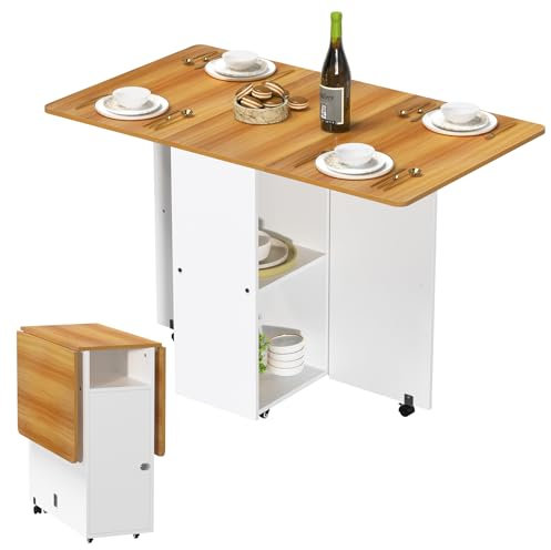 PIPIPOXER Mobiler Klapptisch, Esstisch Klein Klappbar, Mobiler Küchentisch mit 4 Rädern,Tisch mit Ablagefläch, für kleine Räume für Esszimmer Küche (Weiß und Roteiche)