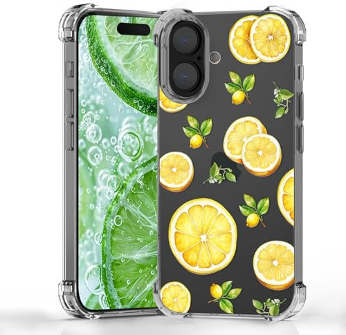 YEPO Clear for iPhone 16 Plus Case Fruit Lemons,Fresh Lemons Pattern Design For Girls Women,Soft Slim Shockproof Bumper Protection Transparent Cover Case For iPhone 16 Plus Yellow