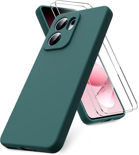 Vansdon Coque Compatible avec Oppo Reno 13 F/FS 5G/4G, 2 Film de Protection en Verre trempé, Housse Souple en TPU en Silicone Liquide, Etui en Caoutchouc Antichoc - Vert Nuit