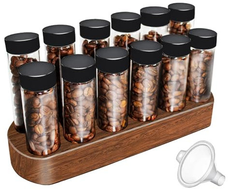Carfeel Single Dose Coffee Bean Storage Tubes - 12pcs Coffee Beans Container, Glass Espresso Container with Wood Display Stand and Funnel (Type 1)