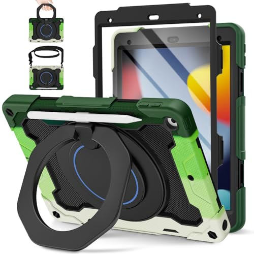 ROISKIN Hülle für iPad 9./8./7. Generation 10.2 Zoll 2021/2020/2019 | mit Displayschutz, 360° Drehbarer Ständer, Stifthalter, Schultergurt, Heavy Duty Stoßfeste Hülle für Kinder, Schwarz-Grün