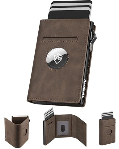 YESIIW Portefeuille Homme AirTag — Pop Up Porte Carte Homme pour 9 Cartes + 1 Fenêtre ID + 12 Billets — Porte Carte AirTag avec Blocage RFID & Monnaie — Idéal Métro Bureau Voyage (Marron)